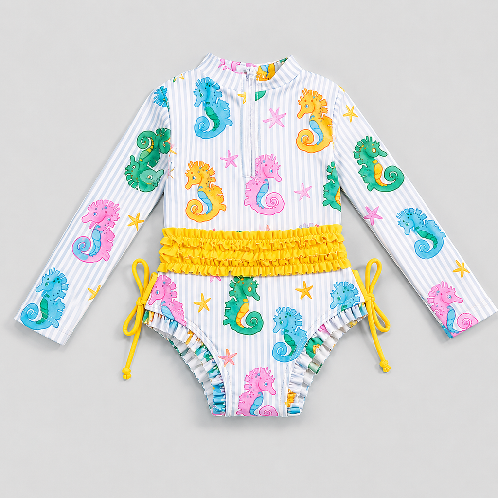 Toddler Girls Seahorse One-Piece Rashguard Swimsuit
