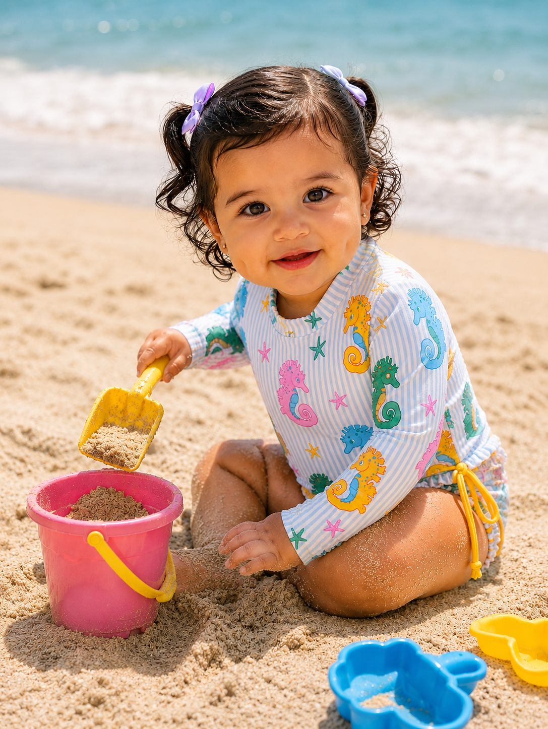 Toddler Girls Seahorse One-Piece Rashguard Swimsuit