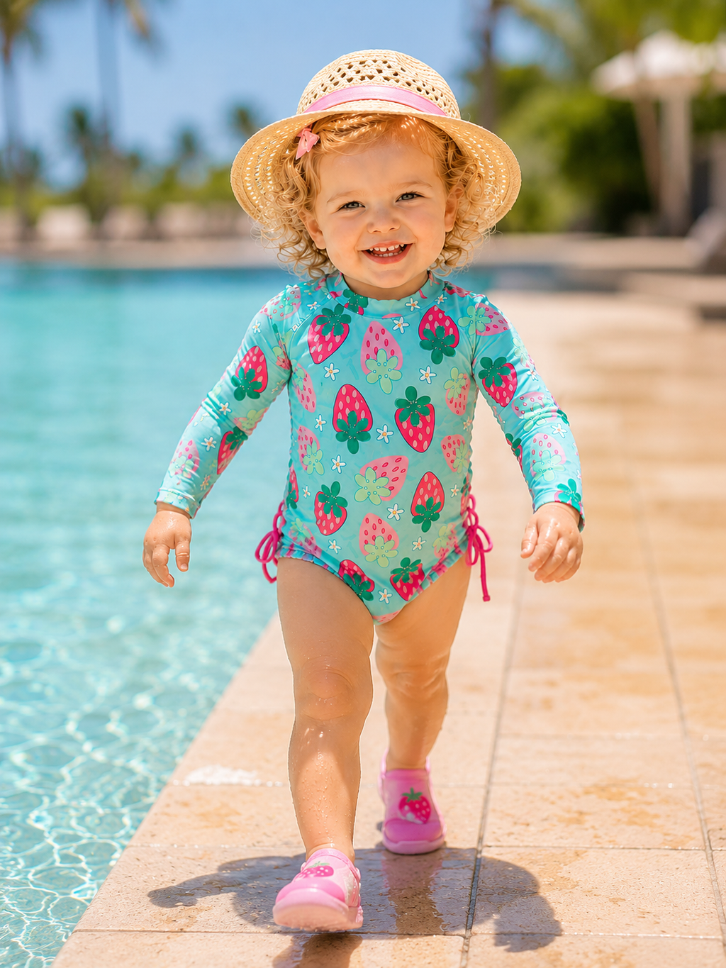 Toddler Girls Strawberry One-Piece Rashguard Swimsuit